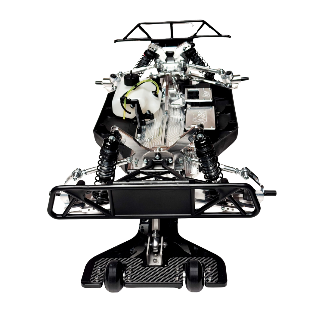 Taylor RC Complete Outlaw V4 Billet Hybrid Slider, front-on upright view showing the full chassis with the rear wheelie bar