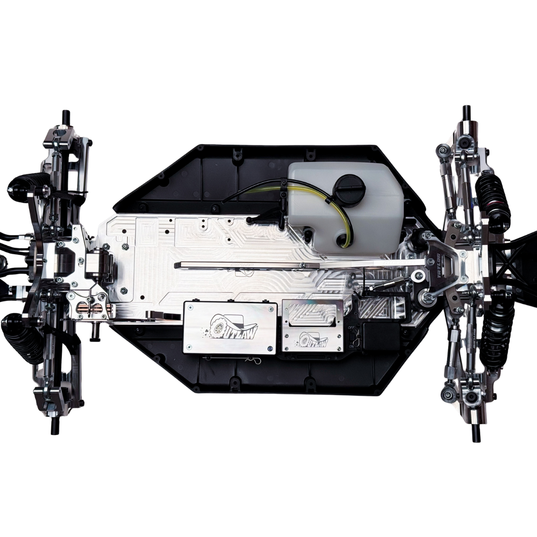 Taylor RC Complete Outlaw V4 Billet Hybrid Slider, top-down view of the full chassis from a slightly closer angle showing both axles and fuel tank