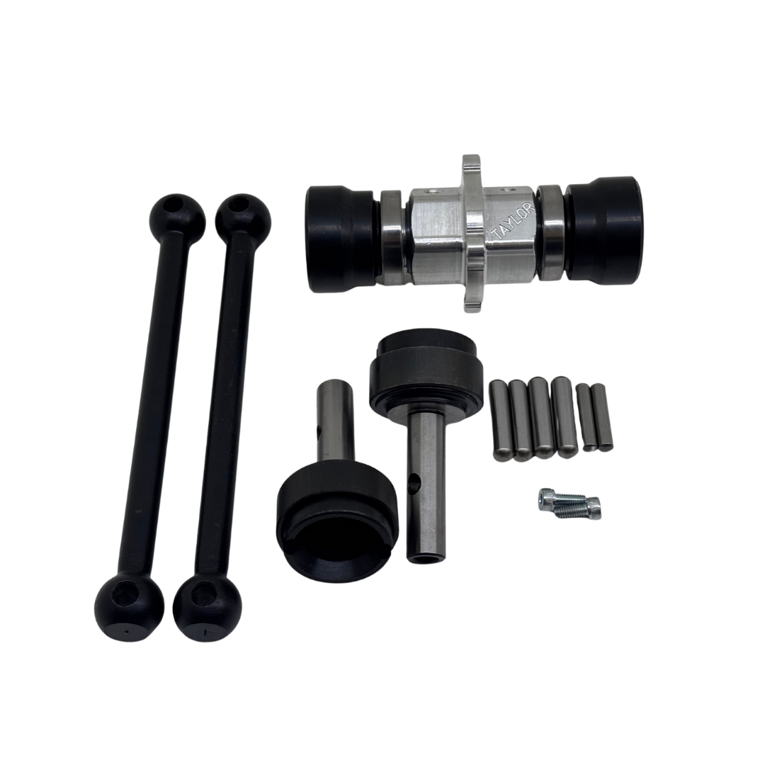 Mechanical parts including black rods and metal components on a white background