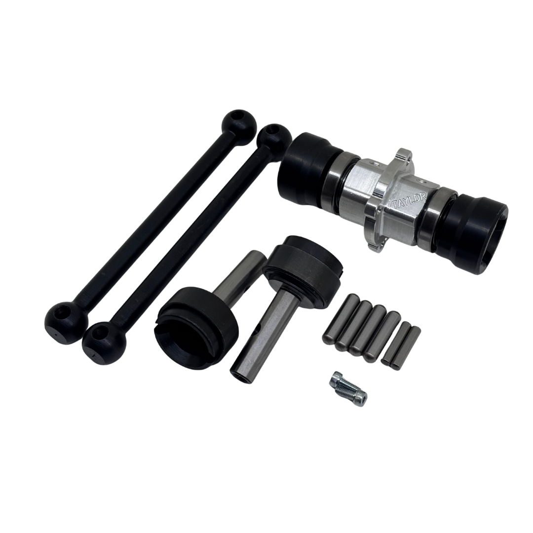 Mechanical parts including black rods and metal components on a white background