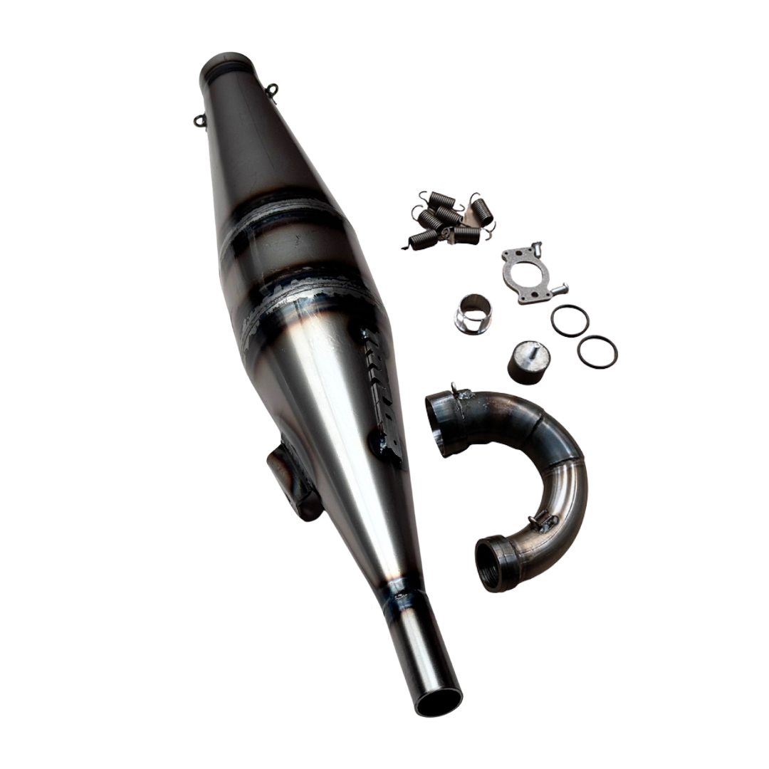 Taylor RC Hybrid Big Block side exhaust pipe with manifold, springs, gasket, O-rings, and mounting hardware