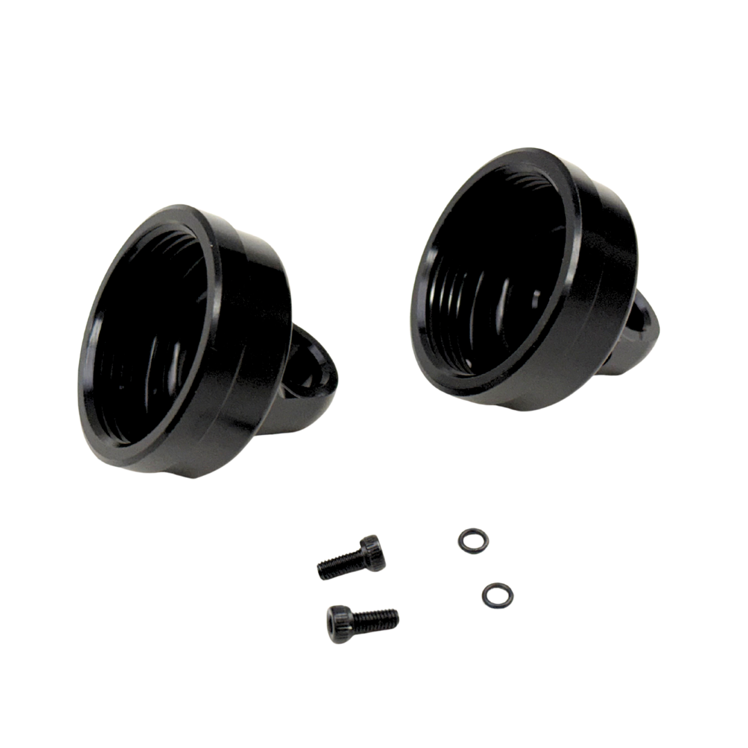 Taylor RC Kraken Losi shock replacement bleeder shock cap, KRC9213, angled view showing the threaded underside with mounting screws and O-rings