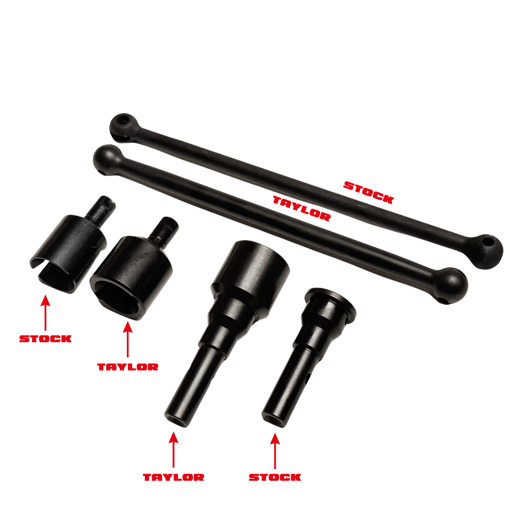 Black metal mechanical adapter pieces and two long ball-ended bars shown on a white background, with red text labels reading STOCK and TAYLOR indicating compatibility.