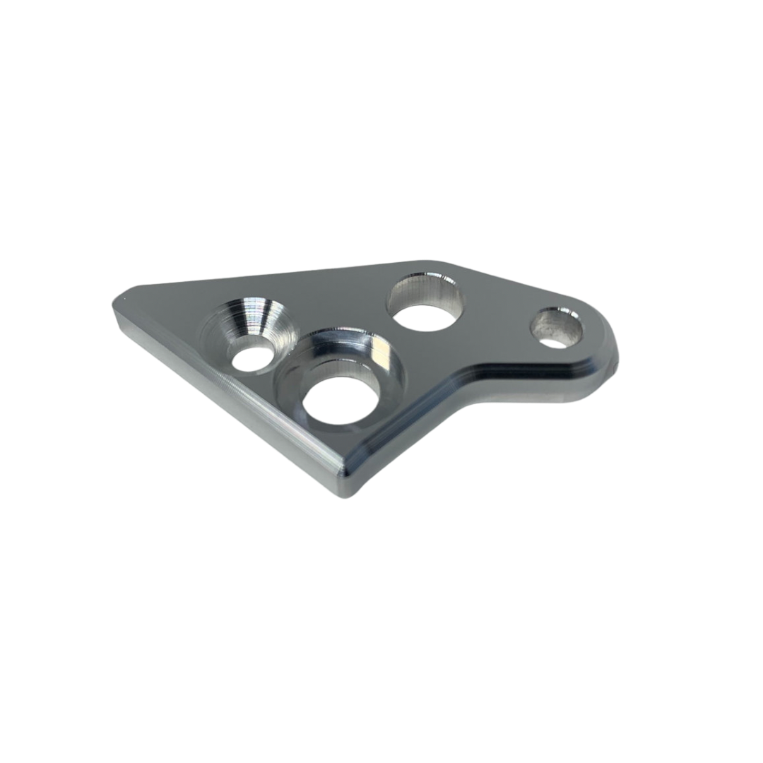 Metallic triangular bracket with three holes on a white background