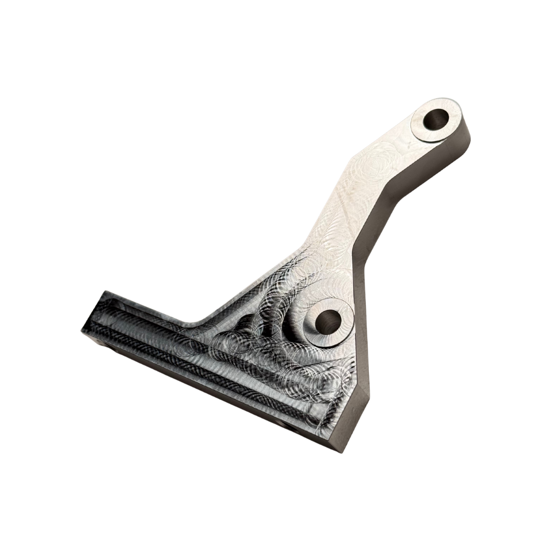 Taylor RC OUTLAW clutch side engine brace in raw silver, side view showing the flat face and the slotted base edge