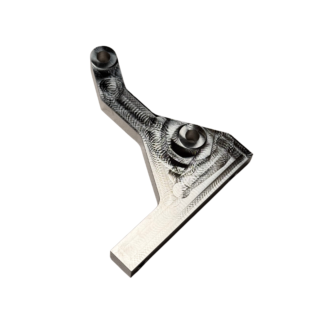 Taylor RC OUTLAW clutch side engine brace in raw silver, top view of the machined pocketed face with the mounting holes and thick base