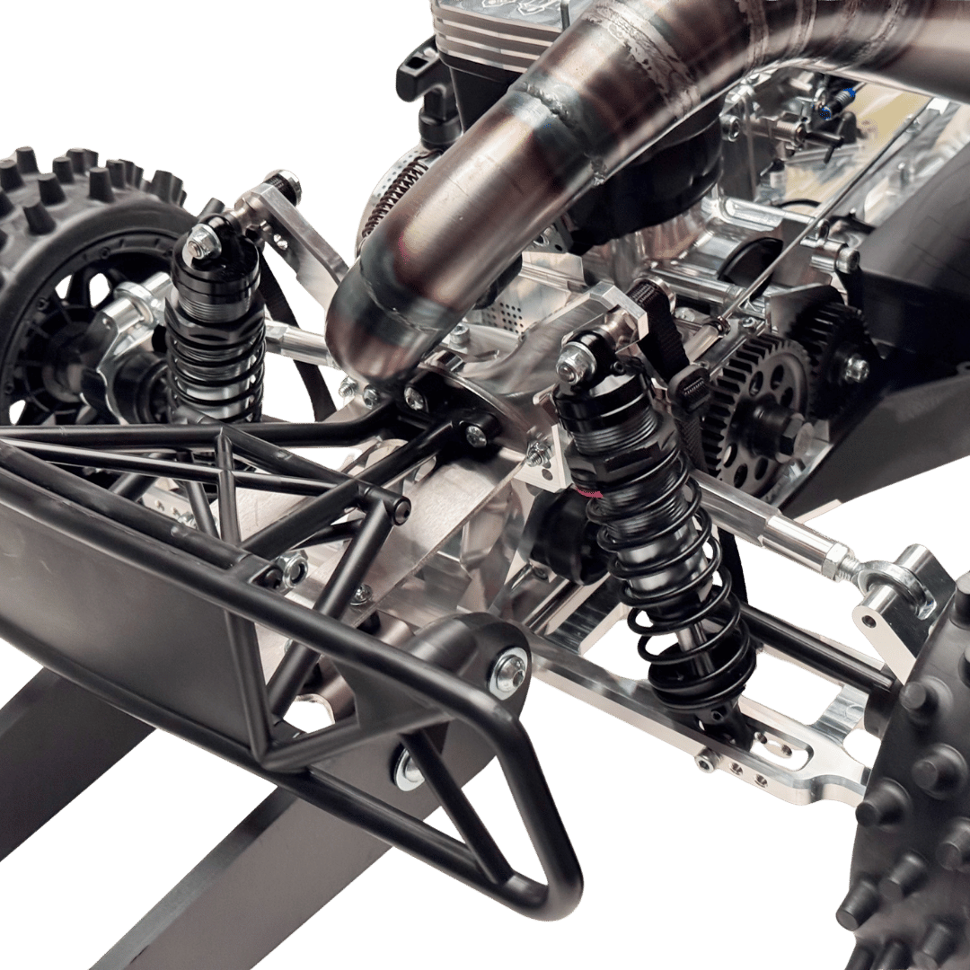 Close-up of a motorcycle's mechanical components on a green background