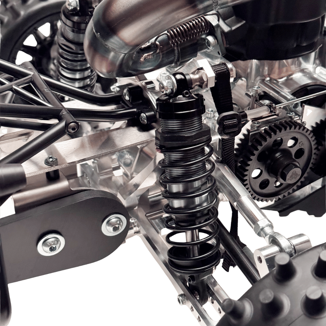 Close-up of a mechanical vehicle chassis with springs and gears on a green background