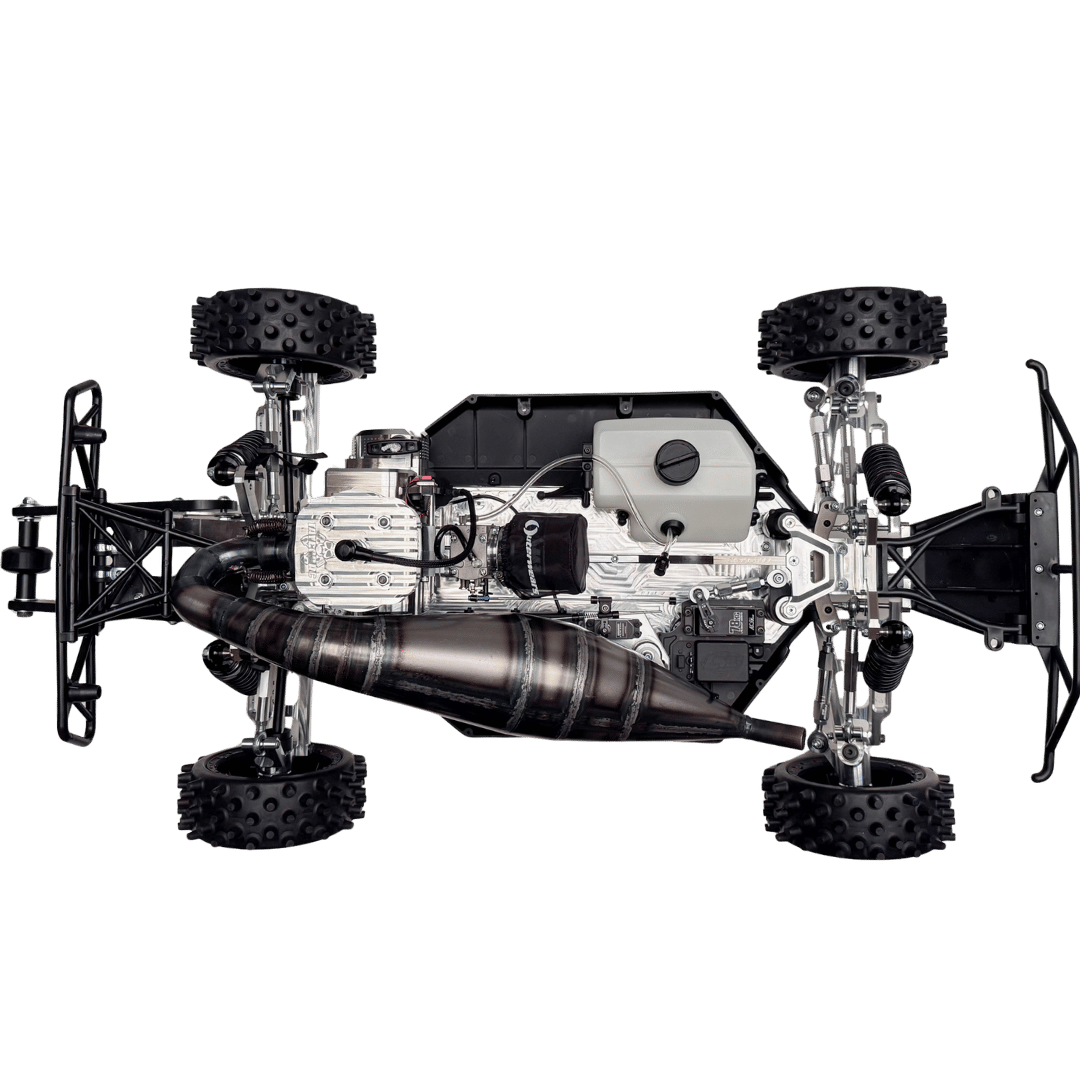 Mechanical model of a vehicle chassis with suspension and wheels on a transparent background