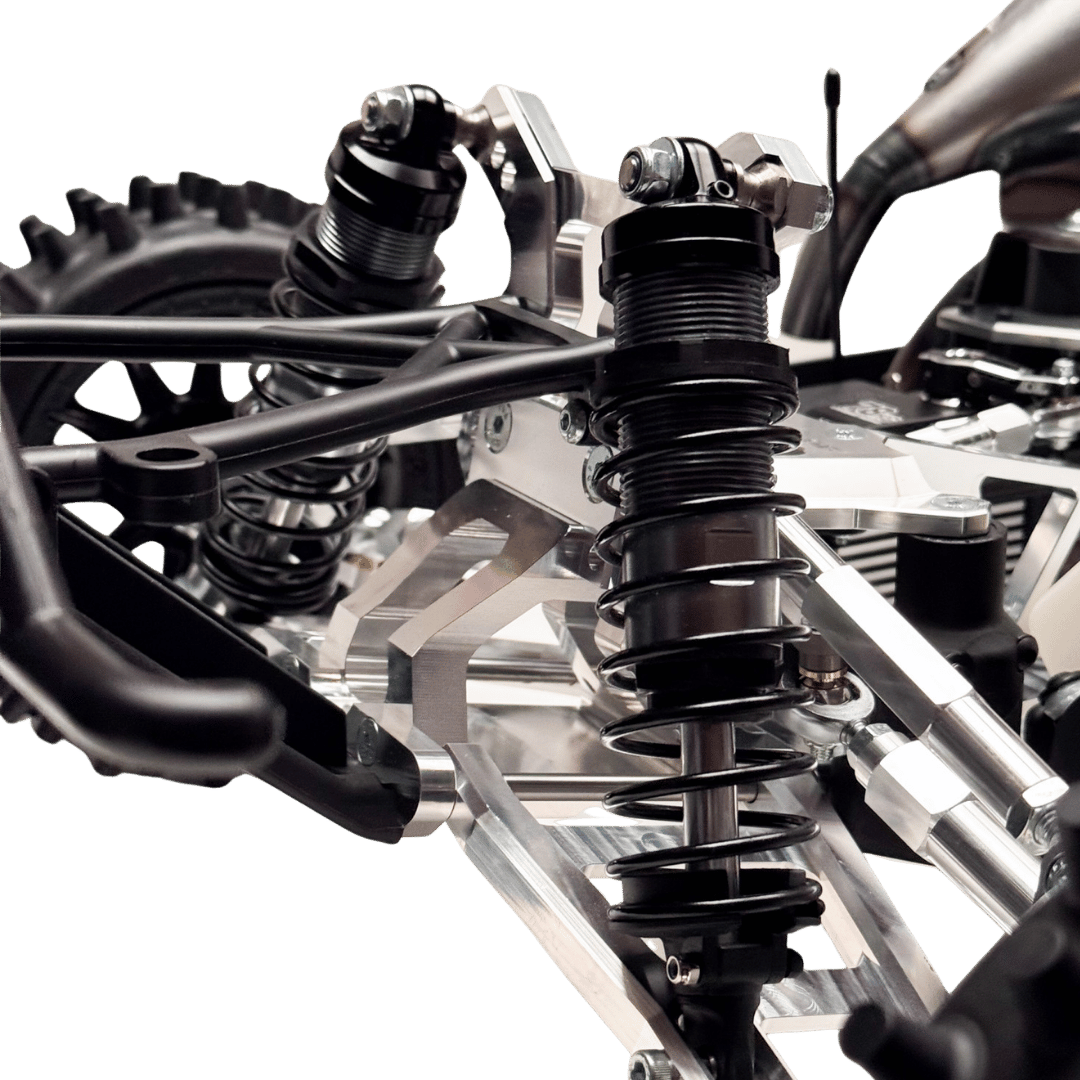 Close-up of a rc model suspension system on a green background