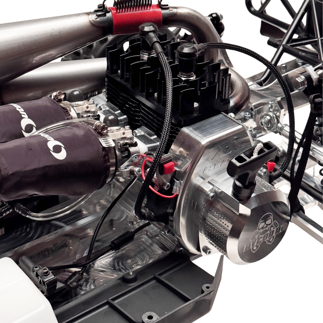 Close-up of a detailed model engine with visible branding on a transparent background