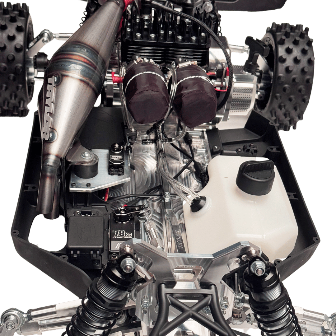 Close-up of a detailed model engine with metallic and black components on a transparent background