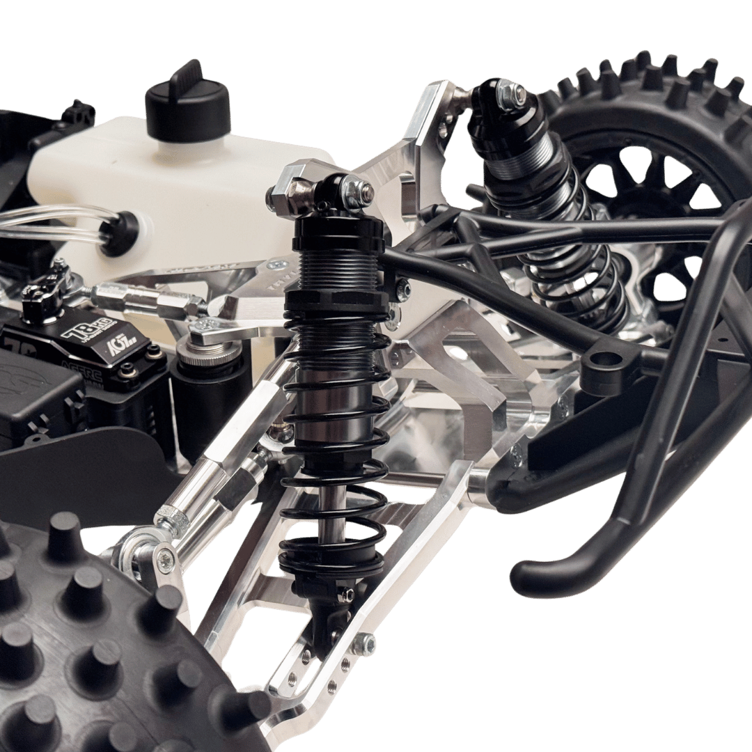 Close-up of a mechanical model or toy with metal components and black parts on a green background