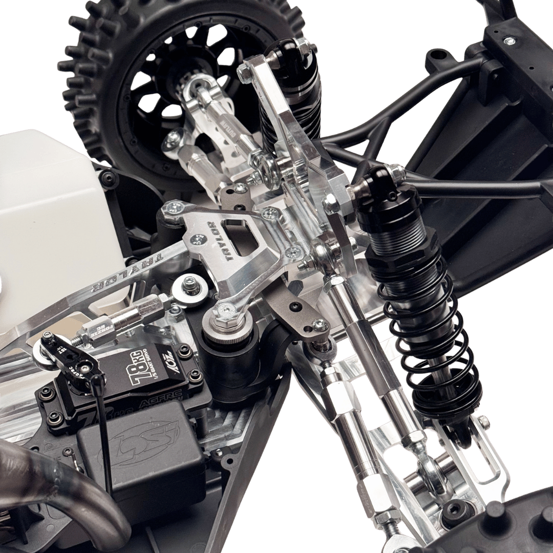 Close-up of a mechanical model with gears and suspension system on a transparent background