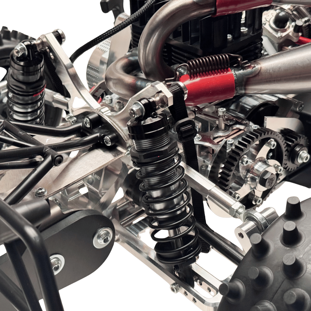 Close-up of a mechanical model with metal components and springs on a green background