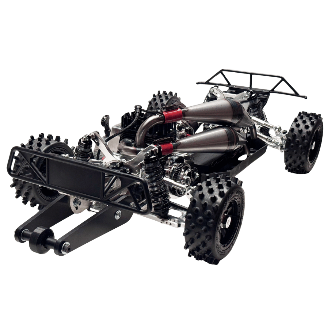 Model of a four-wheeled vehicle chassis with detailed components on a transparent background