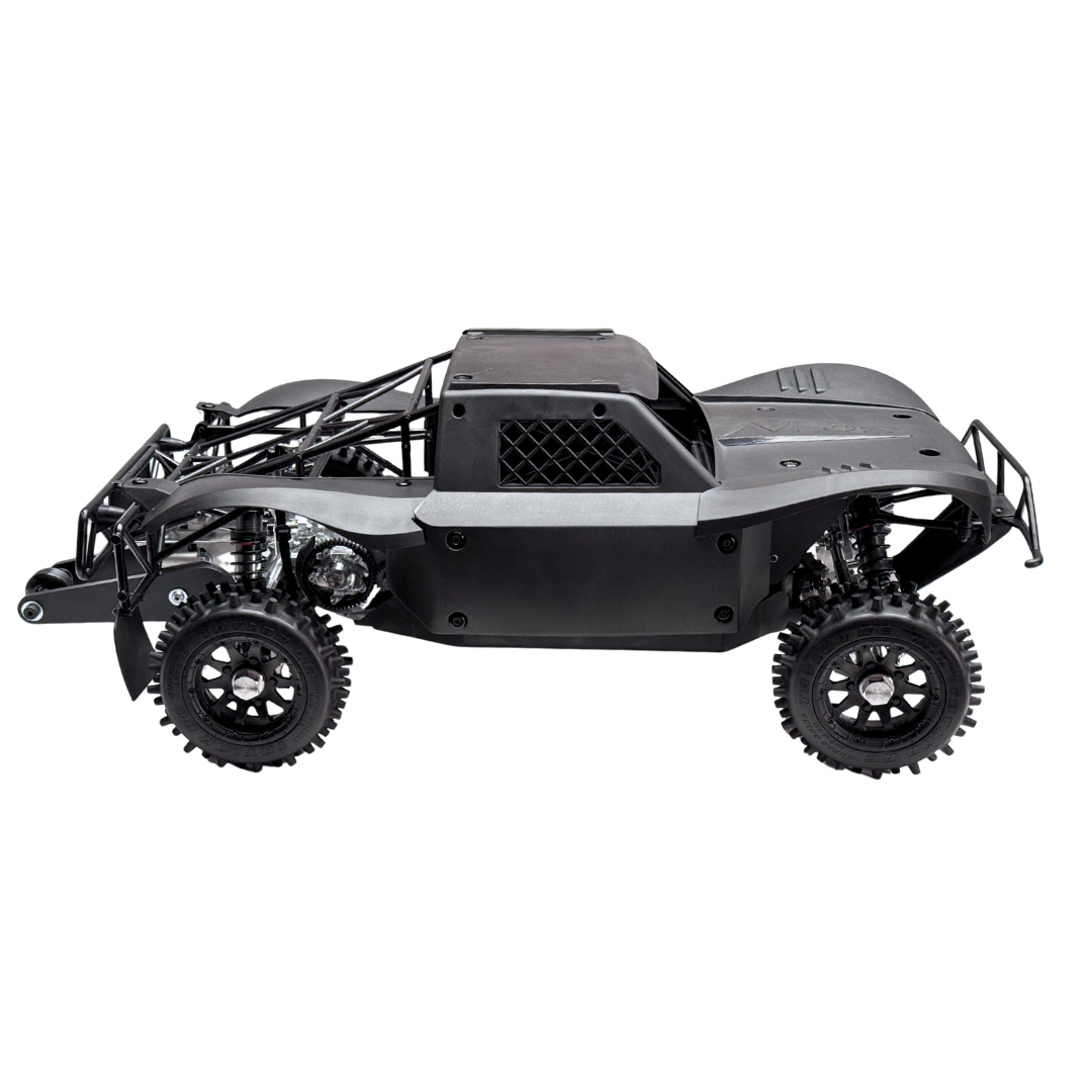 Black off-road vehicle chassis on a white background