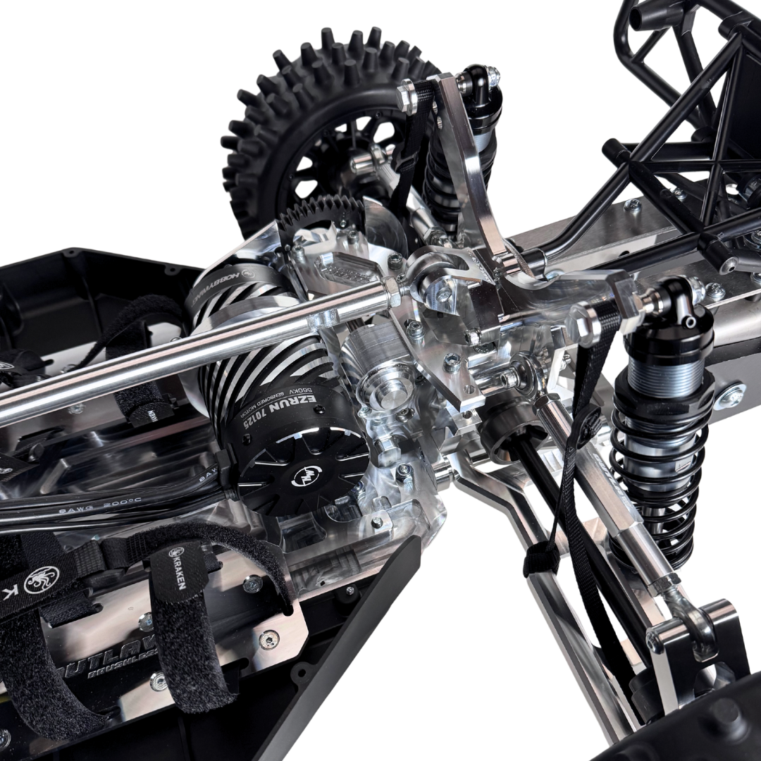 Close-up of a detailed mechanical model with gears and metal components on a white background