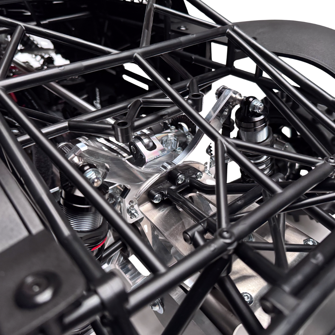 Close-up of a mechanical structure with metal rods and components.