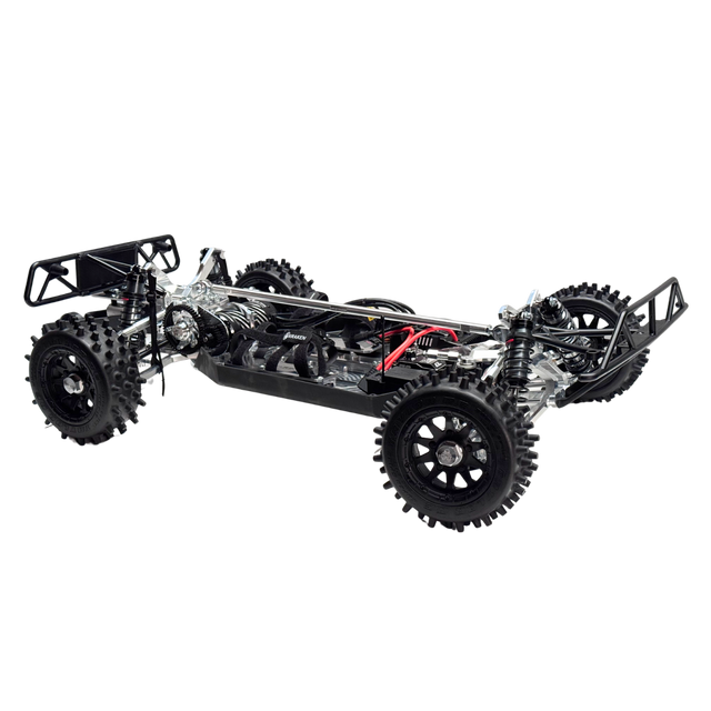 Model of a vehicle chassis with wheels and mechanical components on a white background