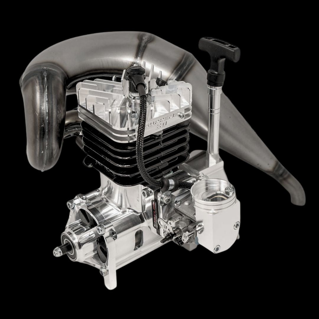 A TAYLOR 80cc RC car engine with silver and black coloring, including various components like the clutch system, ignition system, and throttle linkage.