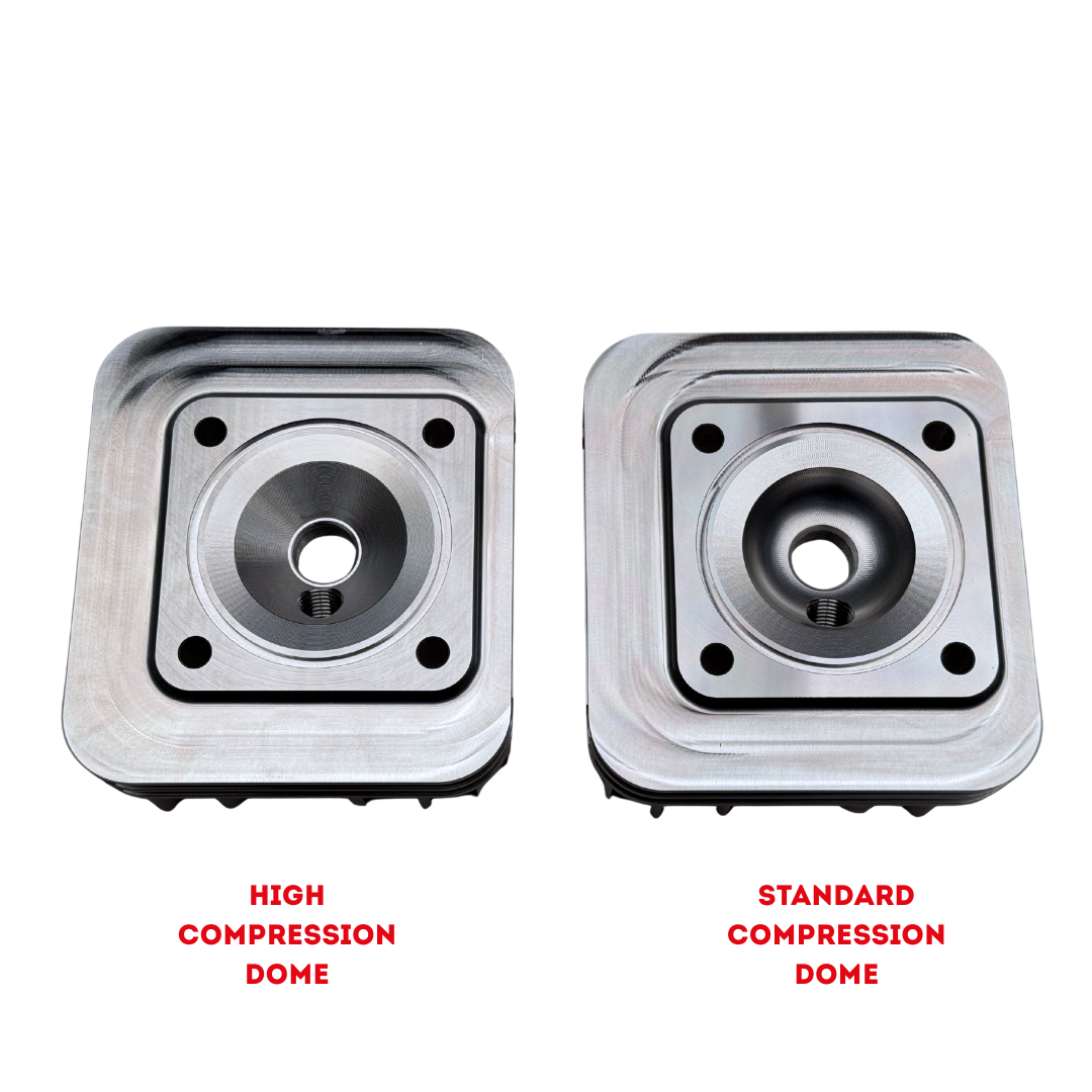 Two metal compression domes labeled 'High Compression Dome' and 'Standard Compression Dome' on a white background.