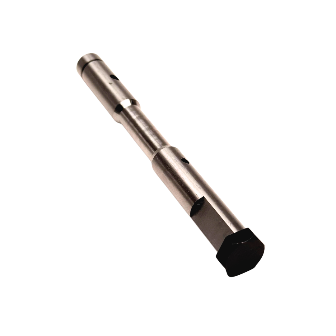 Taylor RC titanium Baja layshaft with black bolt, angled view showing the full shaft length and machined steps
