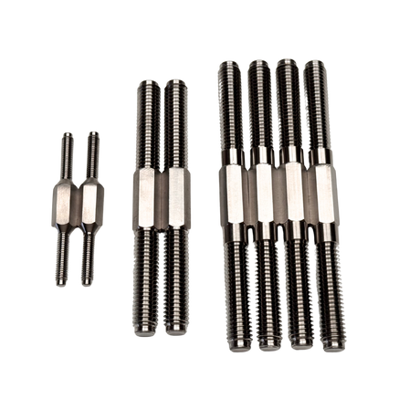 Set of titanium turnbuckles on a white background