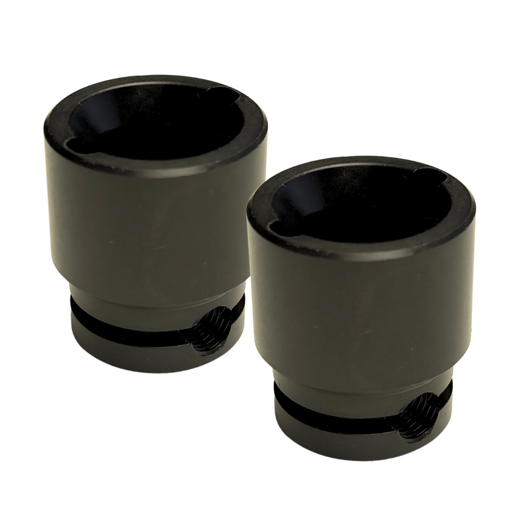 Two black cylindrical socket adapters with internal threading, shown on a plain white background.