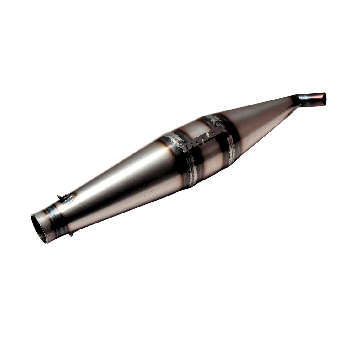 Taylor RC Vesla Big Block side exhaust pipe, angled view showing the Taylor branding, welded pipe body, and outlet
