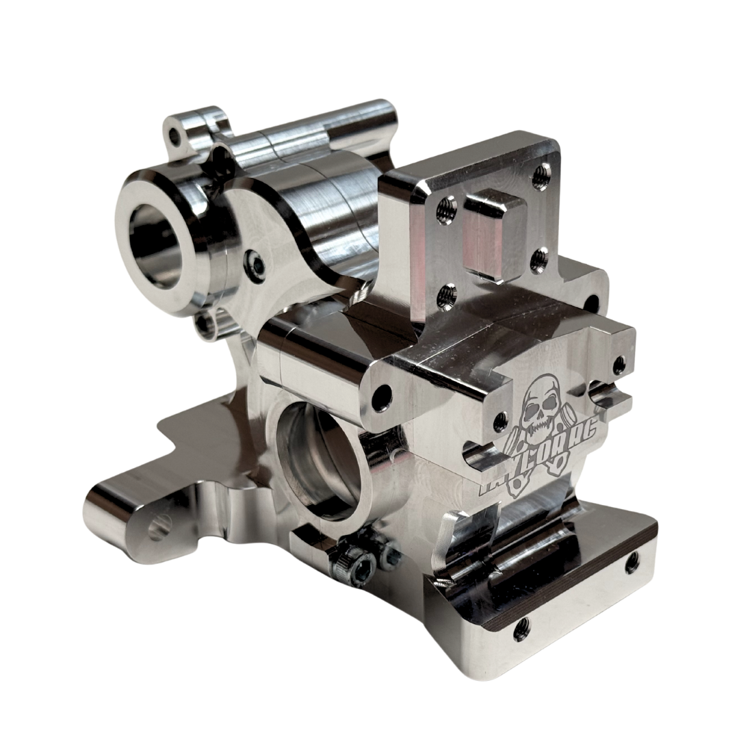 Front-facing view of the raw silver Taylor RC V2 billet 3-piece Vesla transmission housing