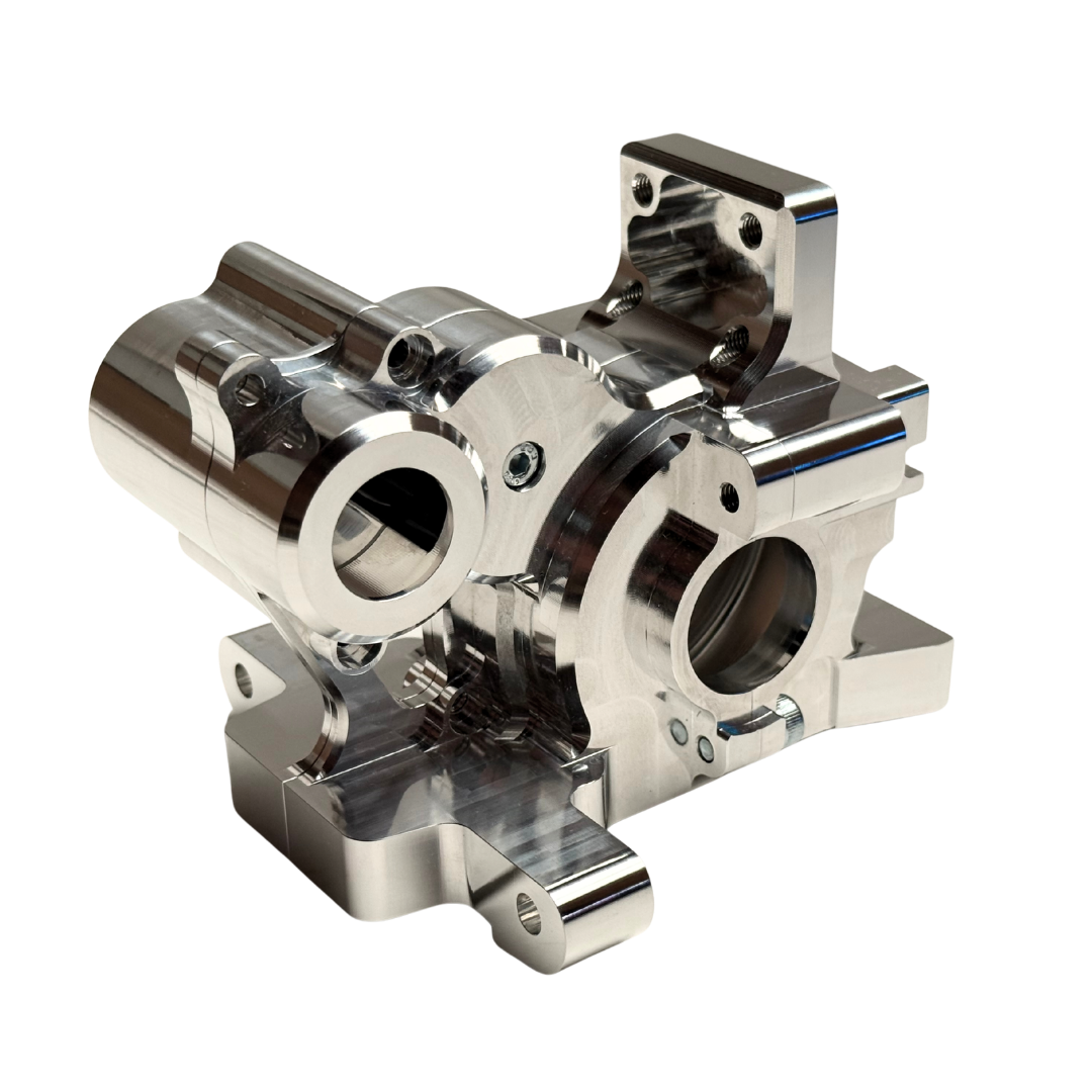 Raw silver Taylor RC V2 billet Vesla transmission housing shown from the side