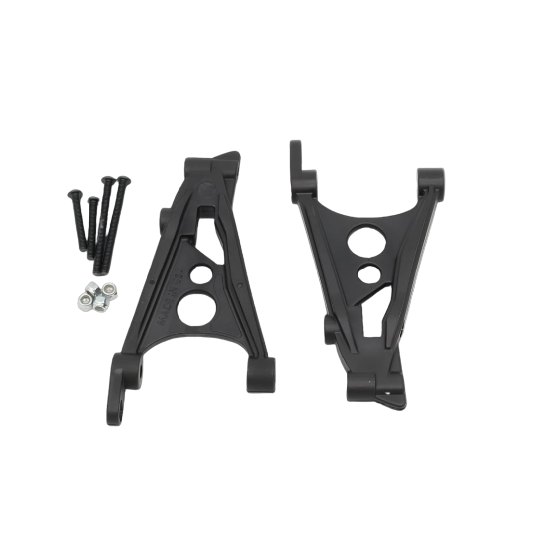 Two black plastic brackets on a white background
