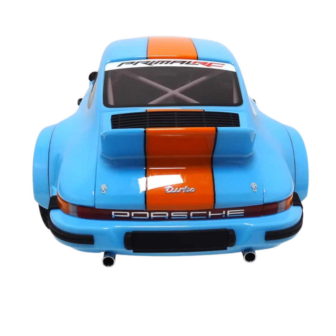 Blue Porsche model car with orange stripes on a white background