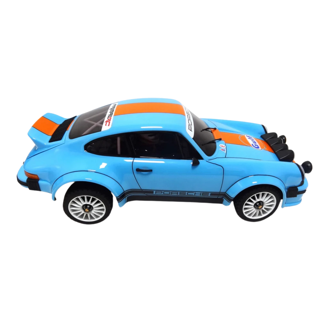 Blue toy car with orange and black stripes on a white background