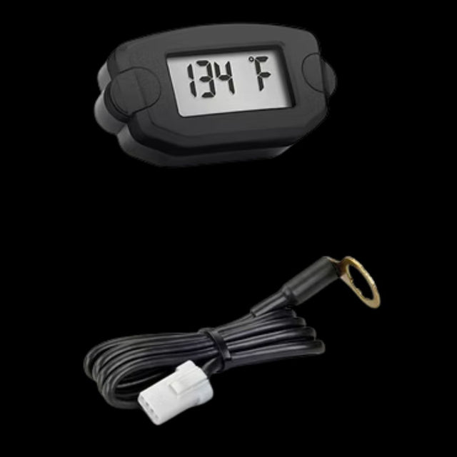 Digital engine temperature meter with a black casing and a digital display, connected to a sensor wire with a black and white connector.