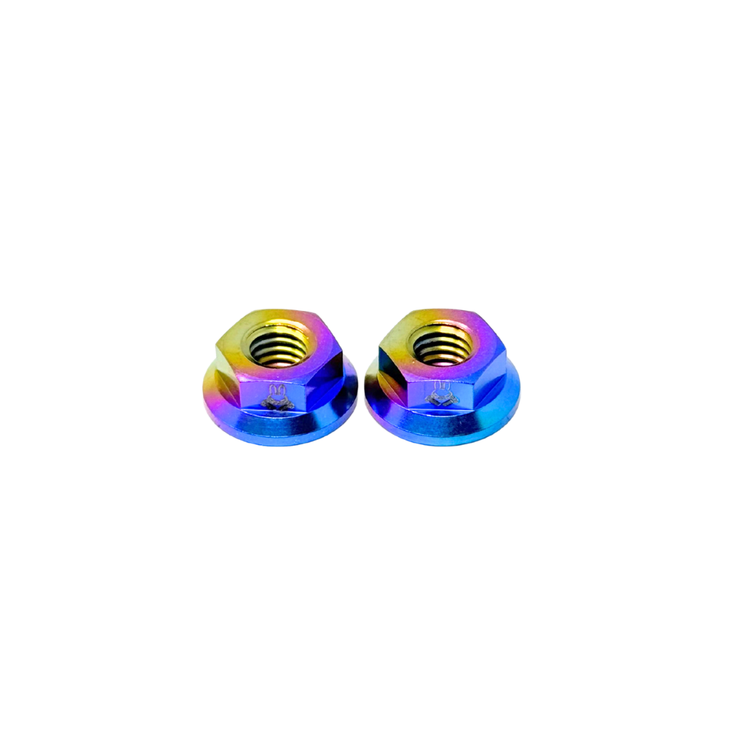 Two rainbow-colored metal nuts on a white background
