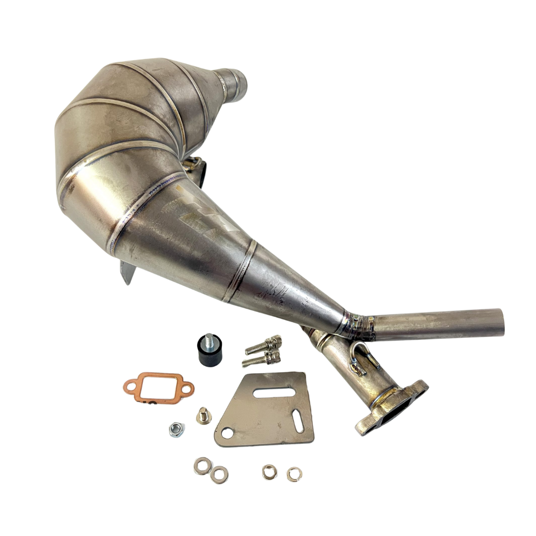 Metal exhaust system with components on a white background