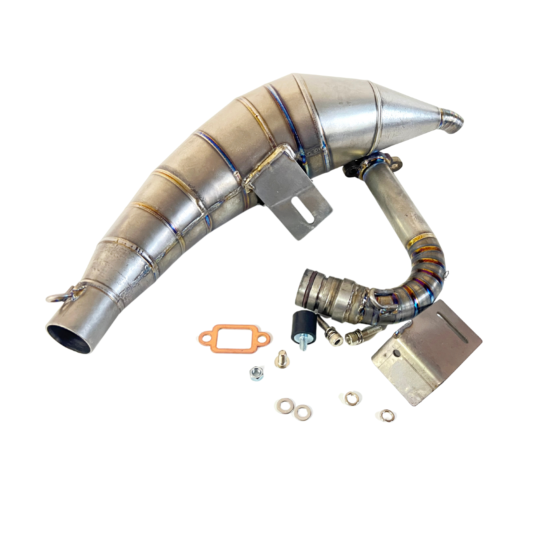 Exhaust system with components on a white background