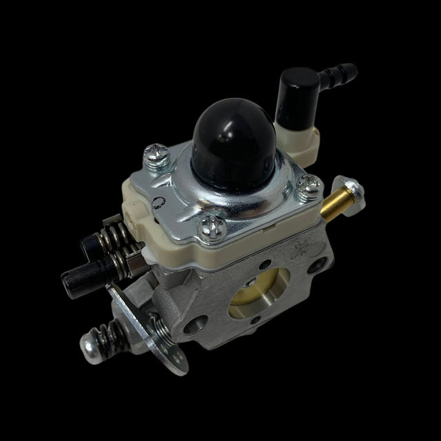 A Walbro WT1257 Extreme Performance Carburetor, with a silver body and various black and gold components, against a black background.