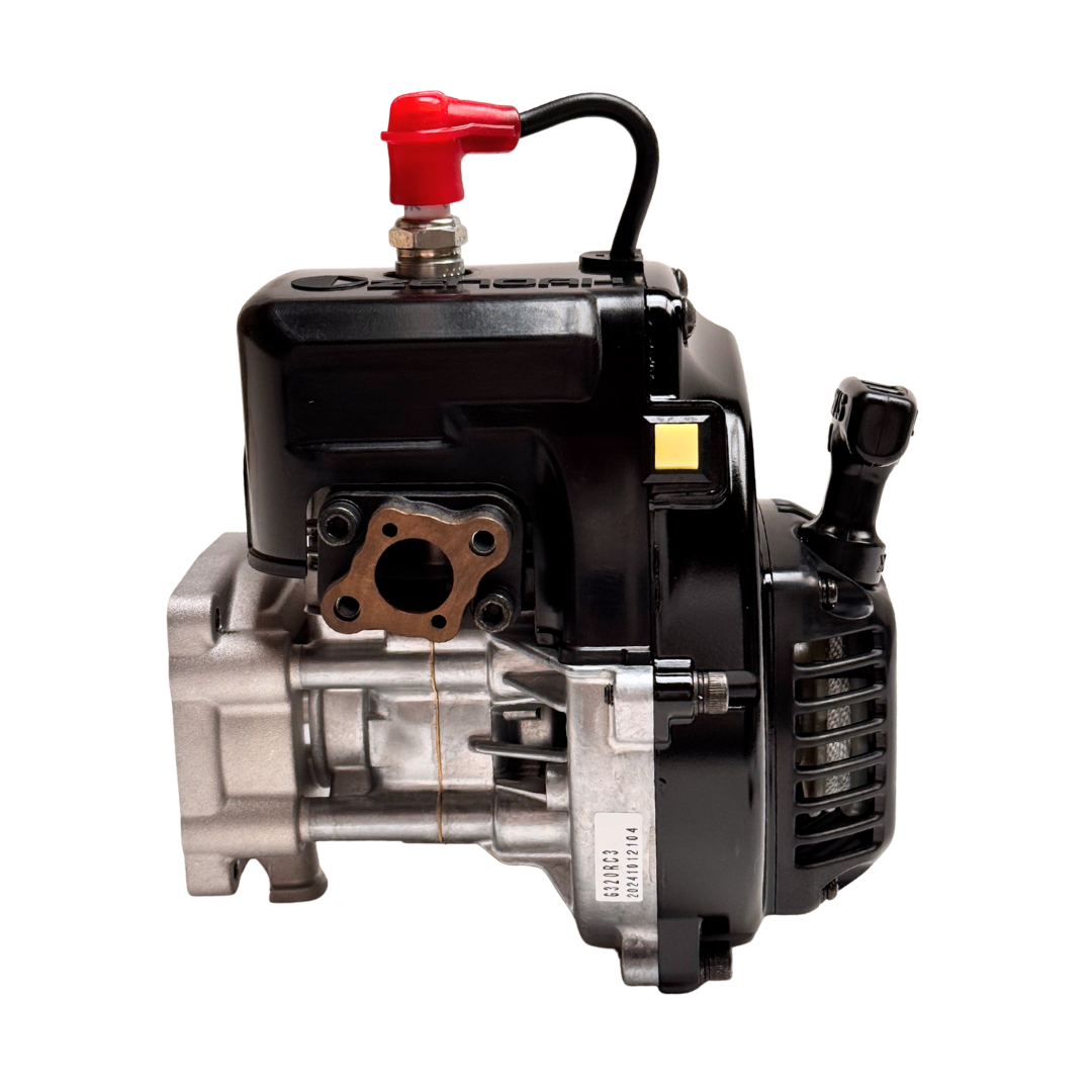 Engine block with red valve cover on a white background