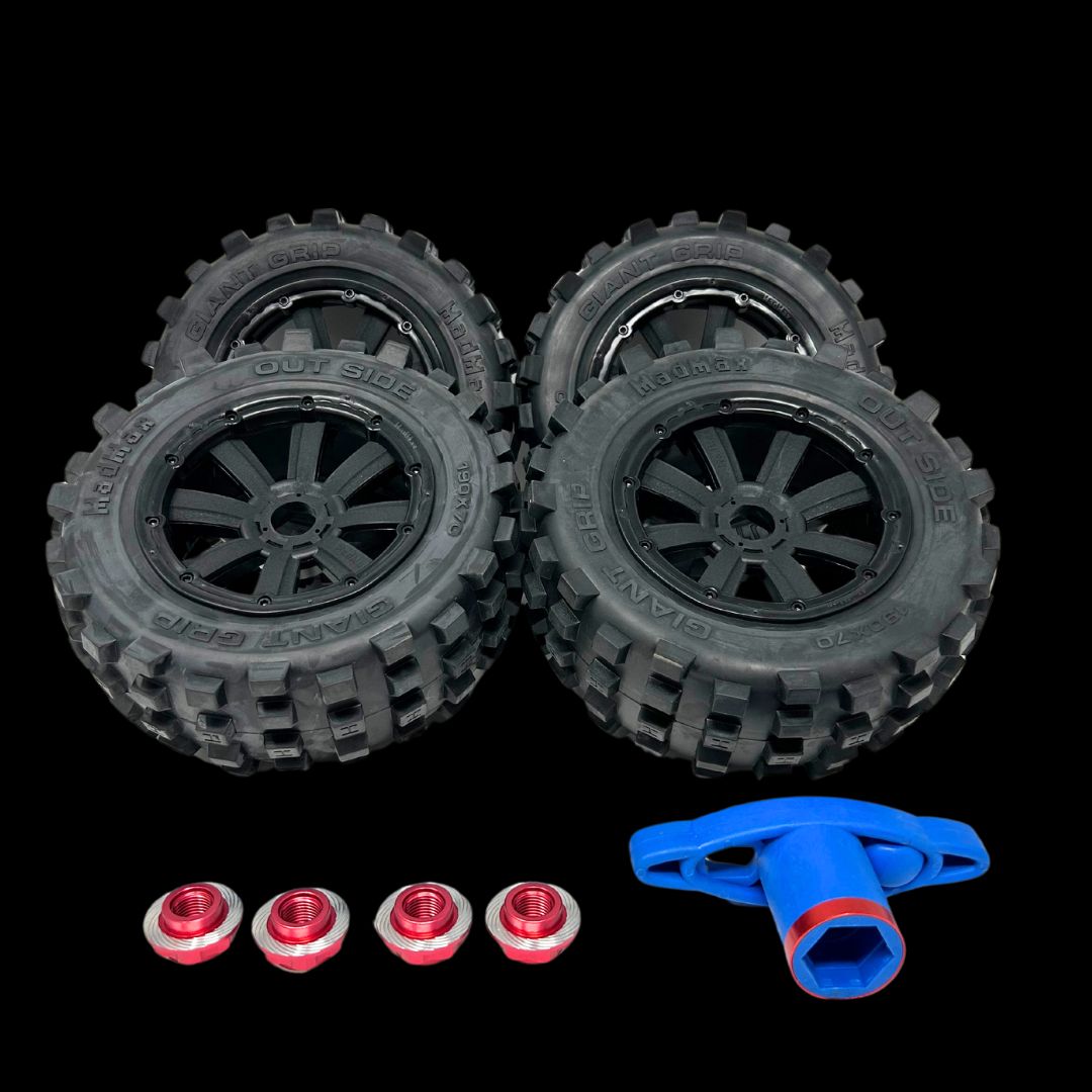 Mad Max Traxxas X-Maxx 190mm Belted Giant Grip Wheel/Tyre set with ada ...