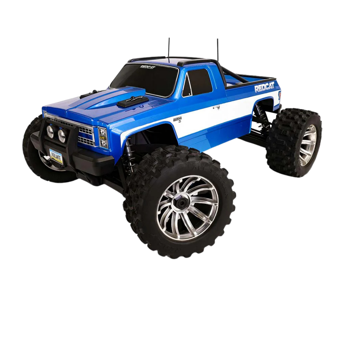 Blue and white remote control truck with large wheels on a white background