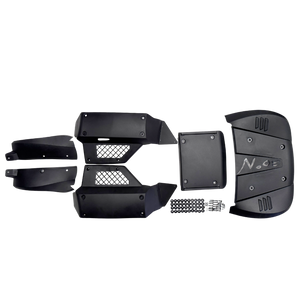 Set of black body panels with mounting hardware on a white background