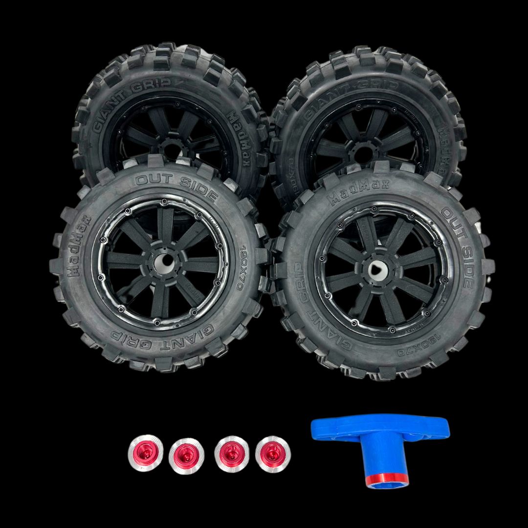 Mad Max Traxxas X-Maxx 190mm Belted Giant Grip Wheel/Tyre set with adaptors