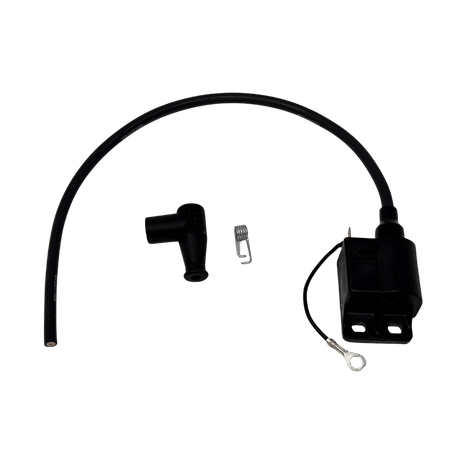 Black ignition coil and cable set on a white background