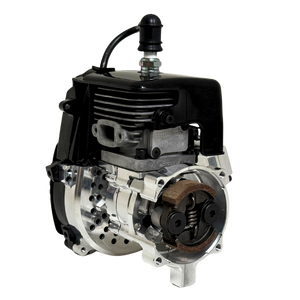 Close front view of the HPRC 34cc race ported Zenoah engine showing the raw silver billet clutch bell, cylinder fins and reed case mounting plate