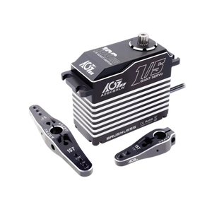 AGF brushless servo with two metal brackets on a white background