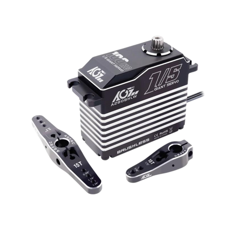 AGF brushless servo with two metal brackets on a white background