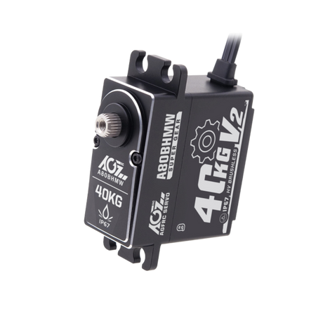 Black servo motor with branding on a white background